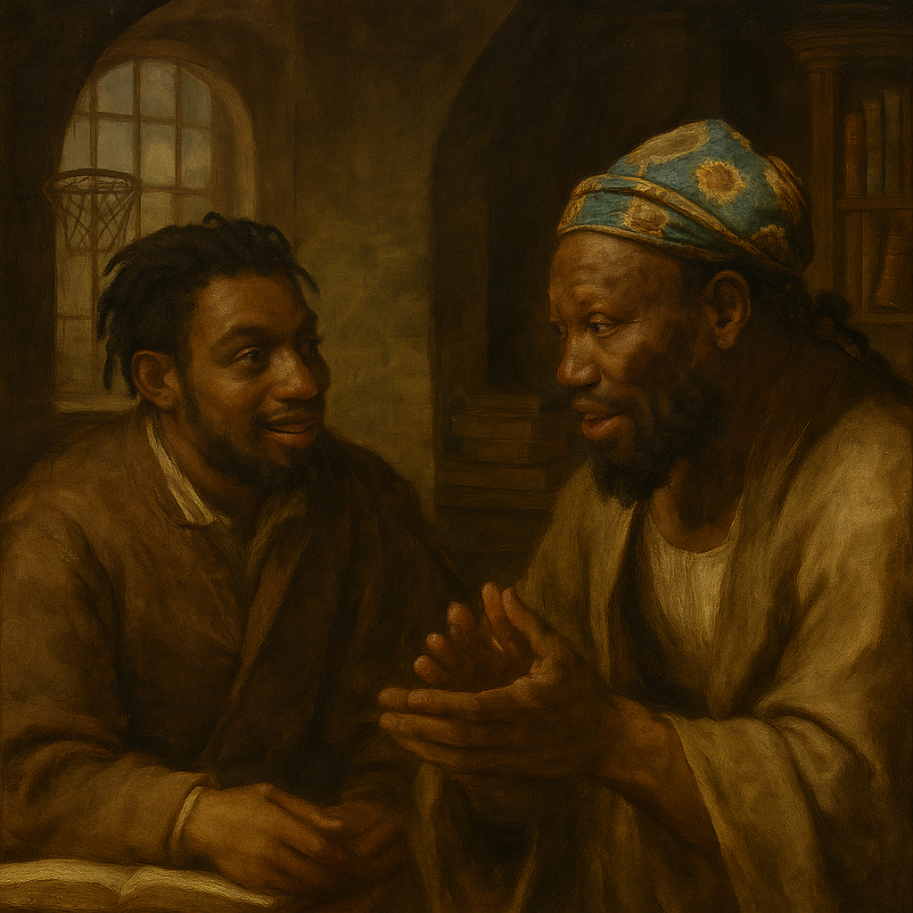 Classical painting of two scholars in discussion